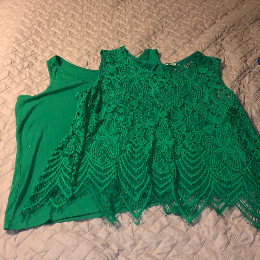 Bright green sleeveless lace top and matching tank